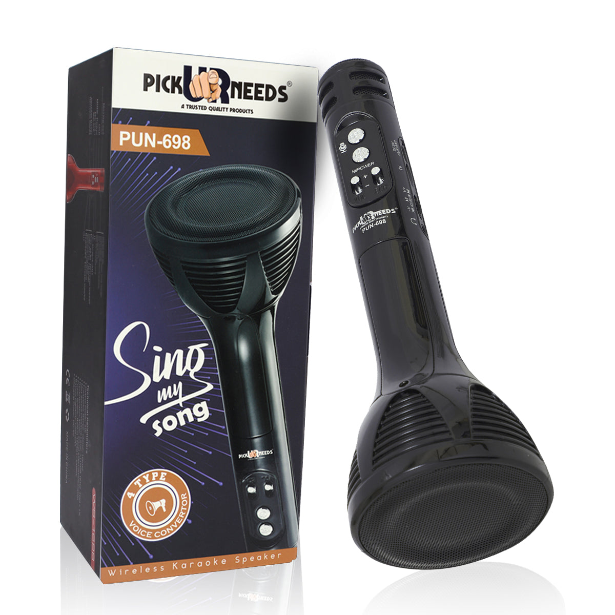 Pick Ur Needs Karaoke Mic with Led Light Wireless Bluetooth Microphone Connection Player Speaker 2-in1 with Recording + USB+FM